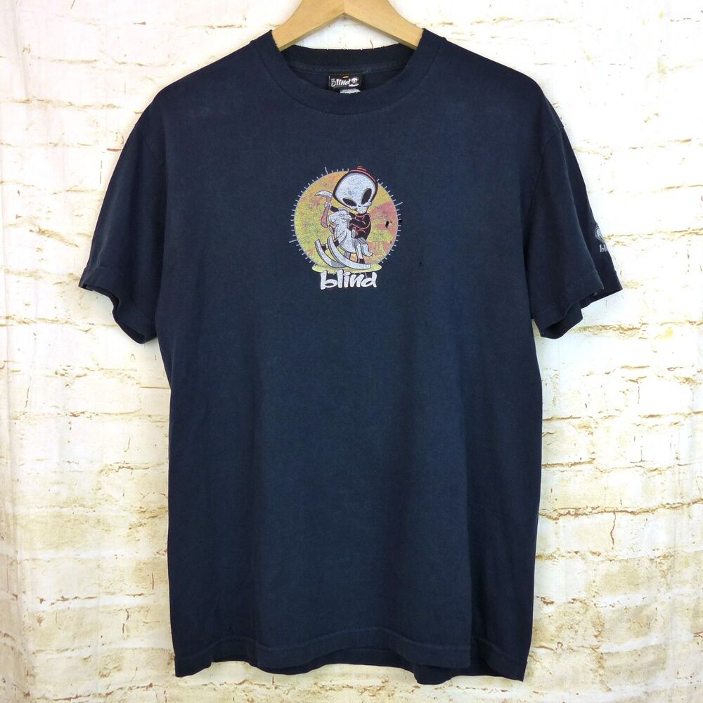 VTG 90s Blind Skateboards T-Shirt Men L Blue Rocking Horse Grim Reaper Logo USA
